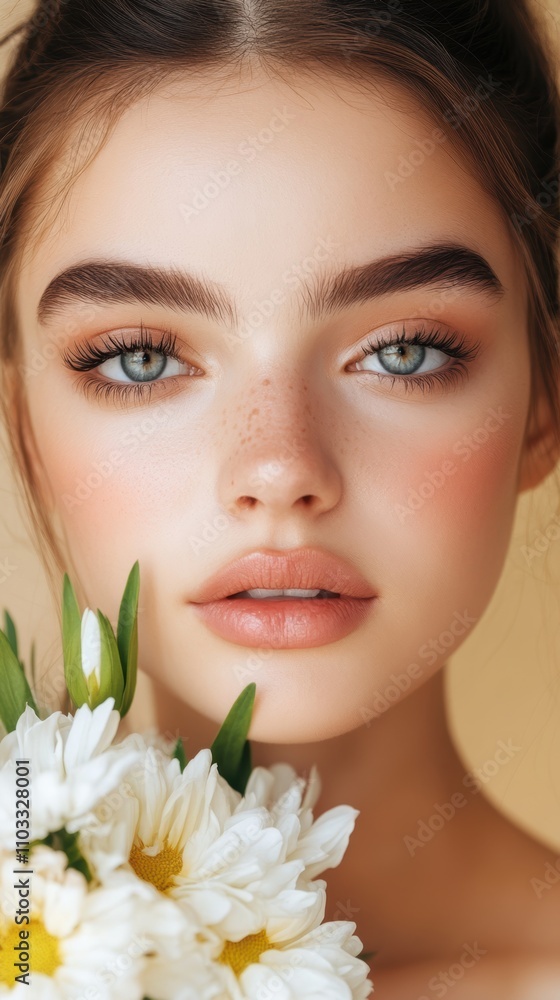 A close-up portrait features a young woman with striking blue eyes and soft, natural makeup, holding white flowers, Ideal for beauty, skincare, or floral themes in marketing and editorial content, A close-up portrait features a young woman with striking blue eyes and soft, natural makeup, holding white flowers, Ideal for beauty, skincare, or floral themes in marketing and editorial content,