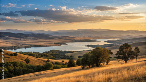 serene and expansive vista with luminous azure lake surrounded by rolling hills and golden fields under dramatic sky at sunset, evoking tranquility and awe