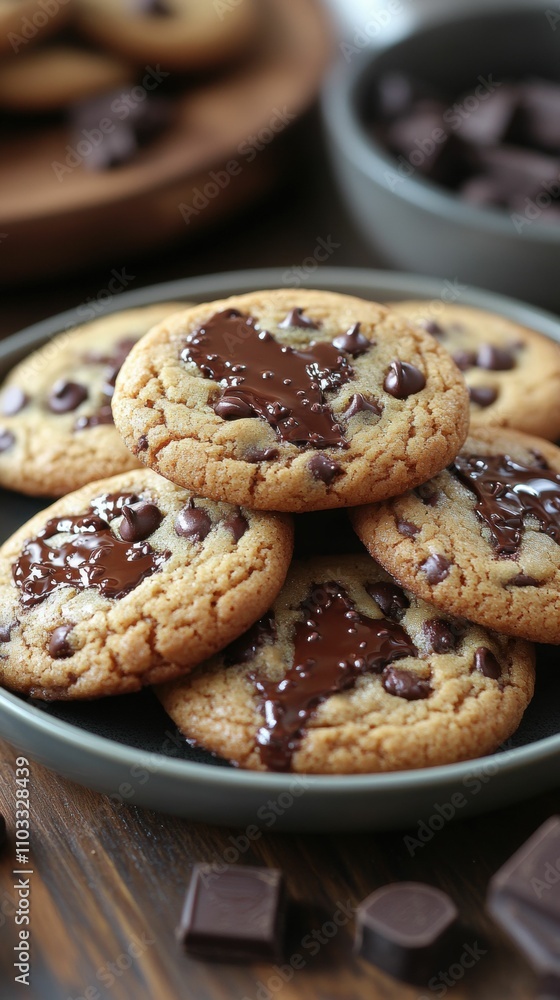 Chocolate-drizzled chocolate chip cookies on plate. Chocolate-drizzled chocolate chip cookies on plate.