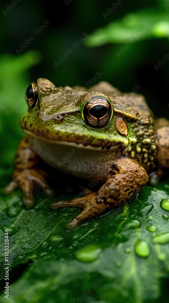 Fototapeta premium A close-up of a vibrant frog perched on a lush green leaf, covered in dew droplets, Ideal for nature themes, wildlife articles, or educational content about amphibians and their habitats,