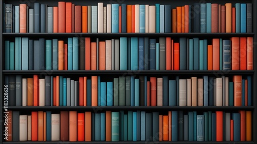 Wallpaper Mural Colorful bookshelf with various hardcover books arranged neatly in a library or study, featuring blue, orange, and grey spines, creating a visually appealing pattern of book rows. Torontodigital.ca