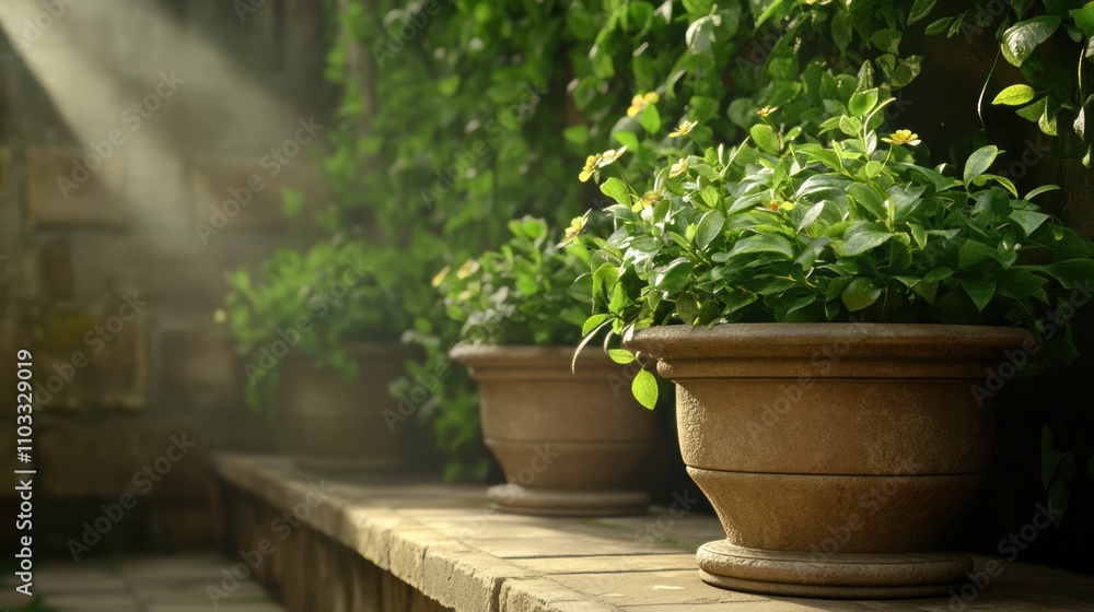 Lush green plants in terracotta pots bask in warm sunlight, creating a serene garden atmosphere, Perfect for articles on gardening, home decor, or wellness themes,