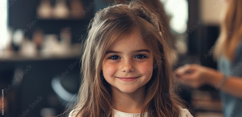 a cute young girl getting her hair cut in a salon, smiling and happy. She has long, straight brown hair and is wearing a black ponytail with a white hoodie a cute young girl getting her hair cut in a salon, smiling and happy. She has long, straight brown hair and is wearing a black ponytail with a white hoodie