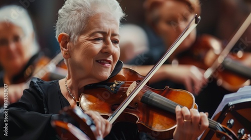 Old woman playing violin in a concert hall
