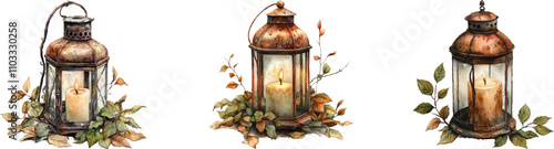 Watercolor painting of an antique copper lantern with candle and leaves. Isolated on a white background