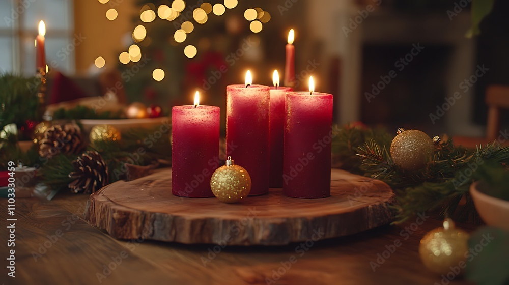 A rustic holiday table with glowing red candles surrounded by warm wooden accents gold ornaments and radiant Christmas lights A rustic holiday table with glowing red candles surrounded by warm wooden accents gold ornaments and radiant Christmas lights