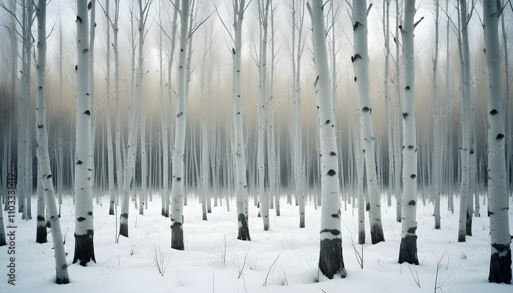 Un bosque nevado con árboles desnudos en un paisaje invernal brumoso. Los árboles están cubiertos de nieve, creando una atmósfera serena y pacífica. El fondo está borroso, dando a la imagen una calida Un bosque nevado con árboles desnudos en un paisaje invernal brumoso. Los árboles están cubiertos de nieve, creando una atmósfera serena y pacífica. El fondo está borroso, dando a la imagen una calida