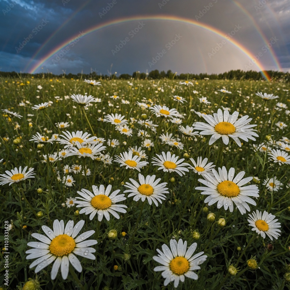 Naklejka premium A field of daisies under a rainbow after a summer rainstorm.