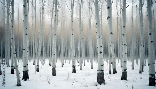 Un bosque nevado con árboles desnudos en un paisaje invernal brumoso. Los árboles están cubiertos de nieve, creando una atmósfera serena y pacífica. El fondo está borroso, dando a la imagen una calida photo