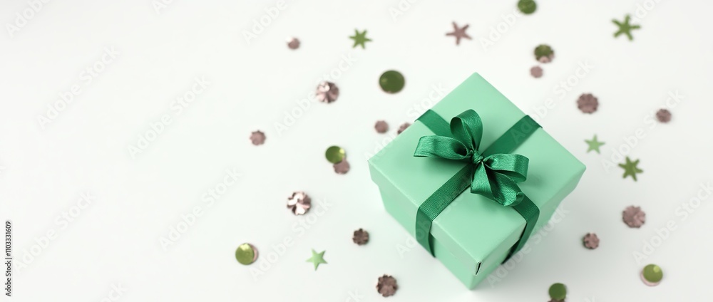 Obraz premium Green gift box with confetti on white background