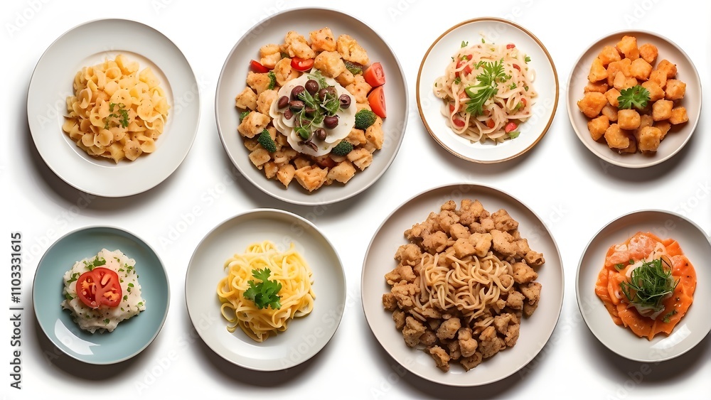 Top view of different food dishes isolated on a white background Top view of different food dishes isolated on a white background