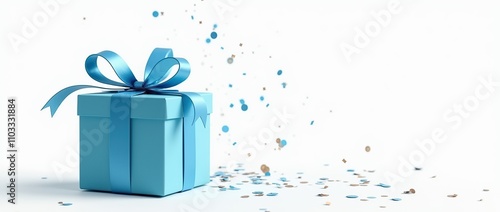 blue gift box with confetti on white background