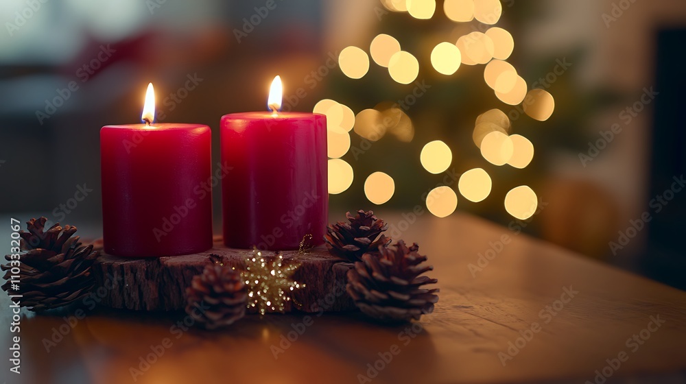 A festive glowing holiday table with red candles golden accents pinecones and bokeh lights enhancing the Christmas spirit A festive glowing holiday table with red candles golden accents pinecones and bokeh lights enhancing the Christmas spirit