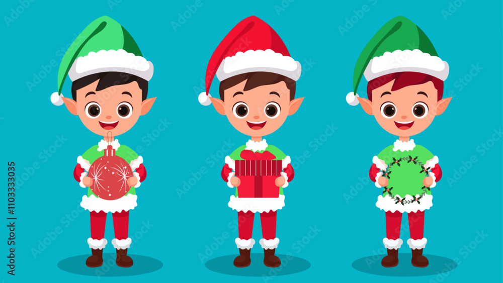 Christmas Elves Holding Candy Canes, Gifts, and Decorations - Cute Holiday Vector Set- Elf 01 Christmas Elves Holding Candy Canes, Gifts, and Decorations - Cute Holiday Vector Set- Elf 01
