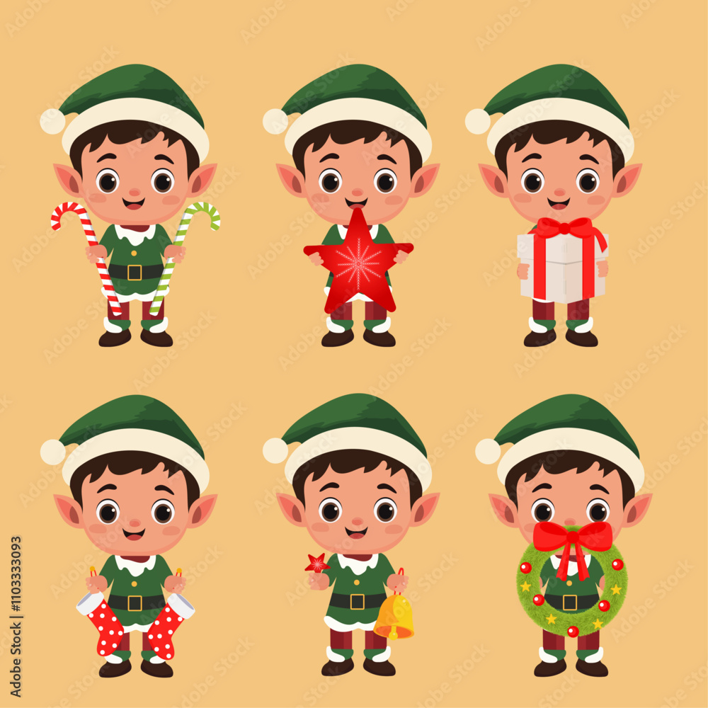 Christmas Elves Holding Candy Canes, Gifts, and Decorations - Cute Holiday Vector Set- Elf 01 Christmas Elves Holding Candy Canes, Gifts, and Decorations - Cute Holiday Vector Set- Elf 01