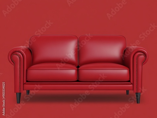 Red leather loveseat against red wall