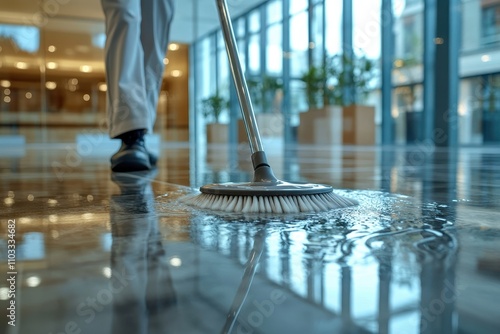 Professional Floor Cleaning in Modern Office Building with Reflective Surfaces and Natural Light