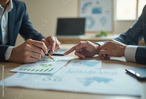 A close-up of two businesspeople collaborating on financial strategy, pointing at graphs and charts on documents. The teamwork is focused on planning and analysis in a professional setting.