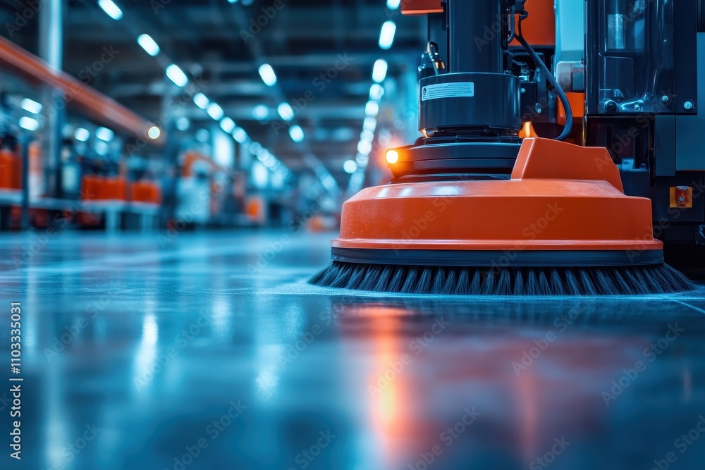 Fototapeta premium Industrial Floor Cleaning Machine in Action at a Modern Factory with Bright Lights and Reflective Surfaces