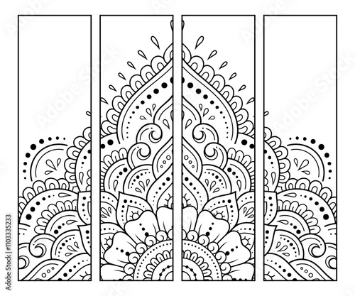 Printable bookmark for book - coloring. Set of black and white labels with flower patterns, hand draw in mehndi style. Sketch of ornaments for creativity of children and adults with colored pencils.
