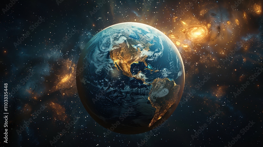 A breathtaking view of Earth from space, showcasing vibrant landmasses illuminated by city lights against a backdrop of stars and galaxies, Perfect for projects on astronomy, geography A breathtaking view of Earth from space, showcasing vibrant landmasses illuminated by city lights against a backdrop of stars and galaxies, Perfect for projects on astronomy, geography