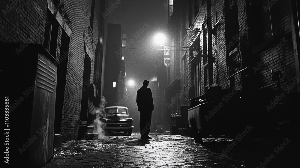 A shadowy silhouette hides in the corner of a dimly lit alley, waiting. Fog rolls in, adding mystery and tension to the urban landscape A shadowy silhouette hides in the corner of a dimly lit alley, waiting. Fog rolls in, adding mystery and tension to the urban landscape