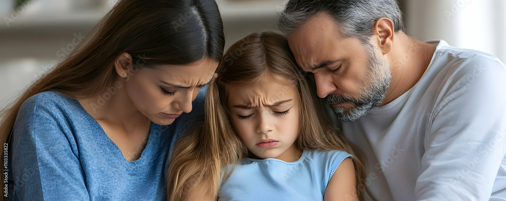 Family Photo, Upset Child Comforted by Loving Parents, Showing Empathy and Support. Family Photo, Upset Child Comforted by Loving Parents, Showing Empathy and Support.