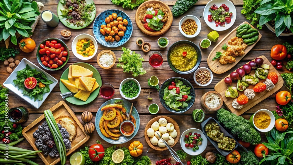 Aerial View of a Table Laid Out with Delicious Dishes, Colorful Snacks, and Fresh Greens, Perfect for a Gathering or Celebration with Friends and Family Aerial View of a Table Laid Out with Delicious Dishes, Colorful Snacks, and Fresh Greens, Perfect for a Gathering or Celebration with Friends and Family