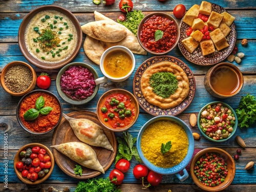 Aerial View of a Traditional Yemeni Breakfast Spread with Flatbreads, Spicy Dips, Fresh Vegetables, and Aromatic Coffee on a Rustic Table Surrounded by Cultural Decor