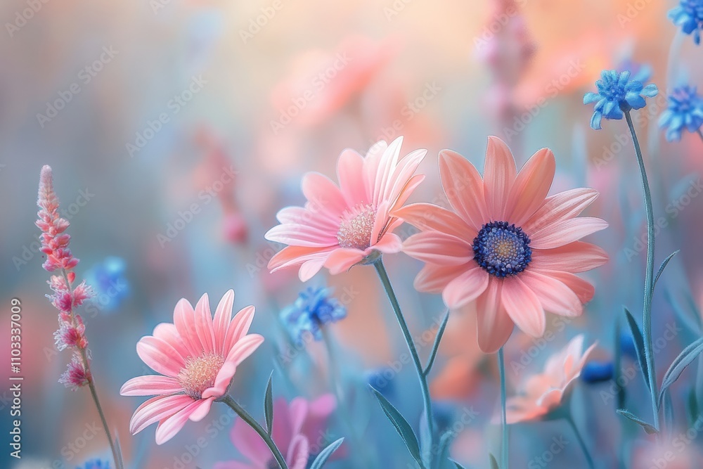 A vibrant floral arrangement features soft pink daisies and delicate blue flowers, creating a serene atmosphere ideal for spring-themed projects, greeting cards, or wellness materials, A vibrant floral arrangement features soft pink daisies and delicate blue flowers, creating a serene atmosphere ideal for spring-themed projects, greeting cards, or wellness materials,