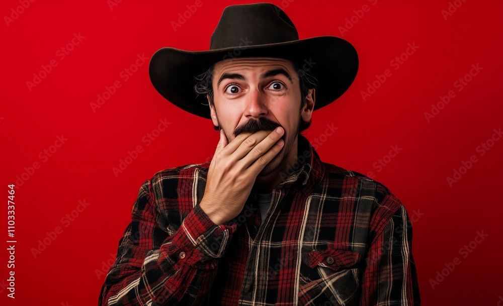 A surprised cowboy, with a black mustache, hand on mouth, and wearing a plaid shirt and hat, is portrayed against a red background. A surprised cowboy, with a black mustache, hand on mouth, and wearing a plaid shirt and hat, is portrayed against a red background.