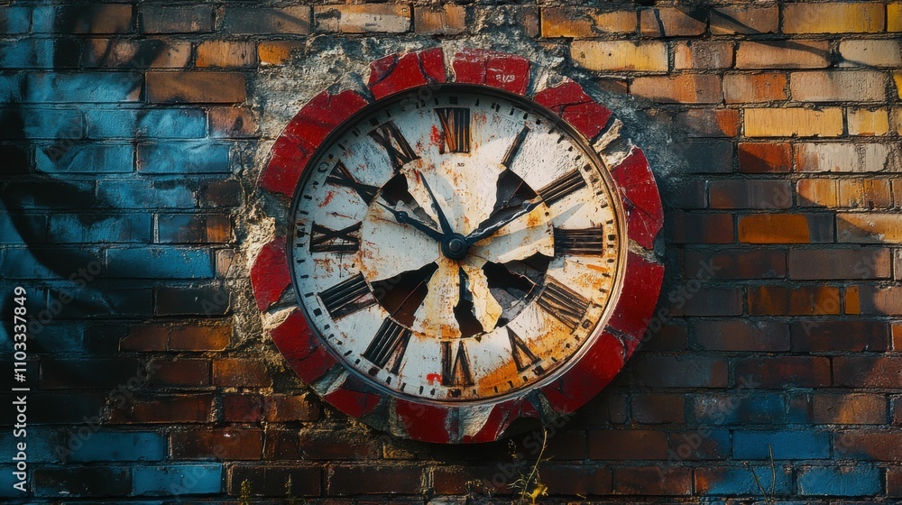 Obraz premium Damaged clock, red frame, brick wall.
