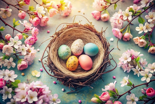 Aerial View of a Vintage Bird Nest with Dyed Easter Eggs in Pastel Colors Surrounded by Spring Blossoms and Soft Natural Textures, Evoking a Whimsical Easter Celebration