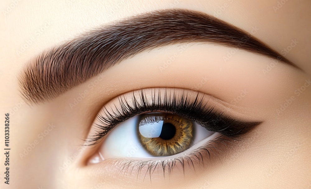 A close-up of a woman's captivating eye, showcasing long, brown eyelashes, perfectly arched eyebrows, and defined black eyeliner. A close-up of a woman's captivating eye, showcasing long, brown eyelashes, perfectly arched eyebrows, and defined black eyeliner.