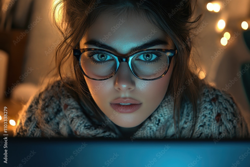 Young Woman with Glasses Focused on Laptop Screen in Cozy Room with Warm Lighting and String Lights Young Woman with Glasses Focused on Laptop Screen in Cozy Room with Warm Lighting and String Lights