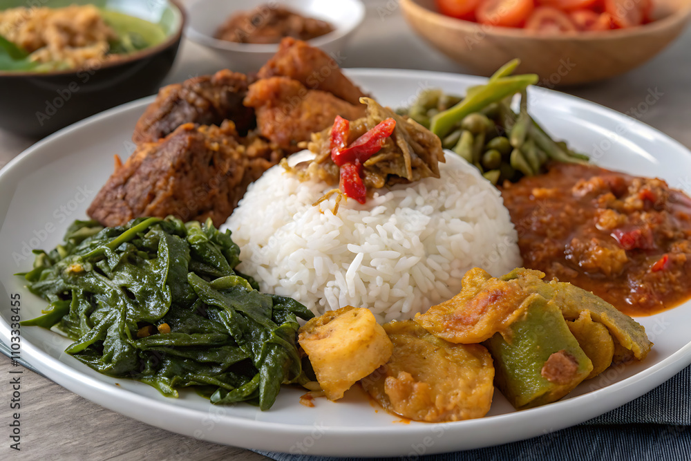 Traditional Nasi Padang Food Plate, Indonesian Food Traditional Nasi Padang Food Plate, Indonesian Food