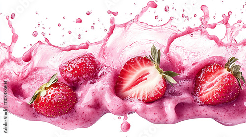 Strawberry smoothie splash and swirl with fresh strawberry isolated on a white background, close up. Generative AI. photo