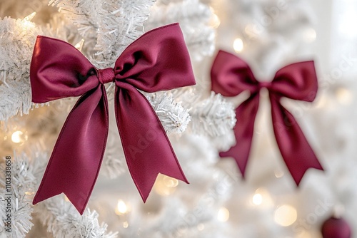 Christmas bow. Christmas background with lights and ornaments