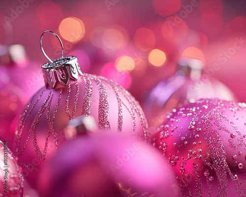 Christmas decoration. Pink and silver colored christmas baubles on pink background.
