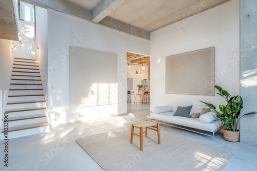 contemporary interior of a clean modern loft with a blank empty canvas on the wall