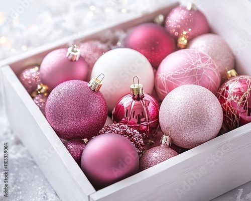 Christmas decoration. Pink and silver colored christmas baubles on pink background.