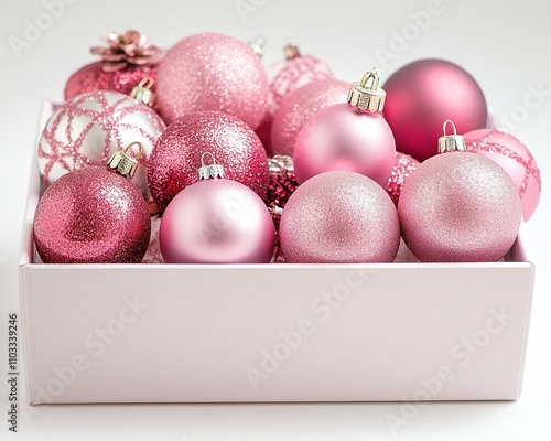Christmas decoration. Pink and silver colored christmas baubles on pink background.