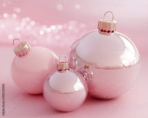 Christmas decoration. Pink and silver colored christmas baubles on pink background.