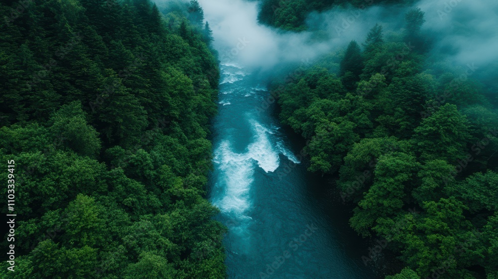 A serene aerial view of a winding river flanked by lush green forests shrouded in mist, Ideal for nature-themed projects, articles on environmentalism, or tourism marketing, A serene aerial view of a winding river flanked by lush green forests shrouded in mist, Ideal for nature-themed projects, articles on environmentalism, or tourism marketing,
