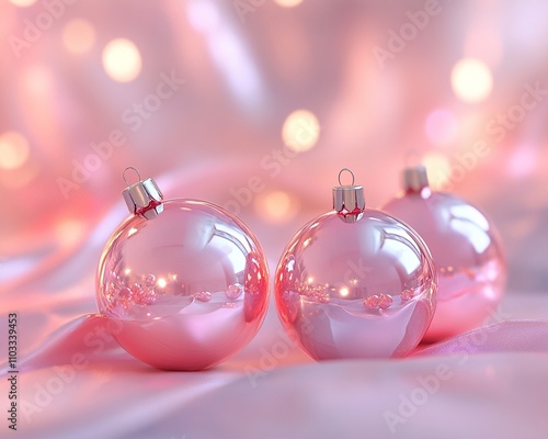Christmas decoration. Pink and silver colored christmas baubles on pink background.