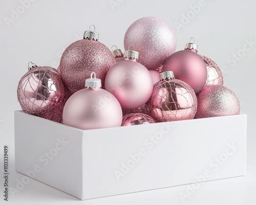 Christmas decoration. Pink and silver colored christmas baubles on pink background.