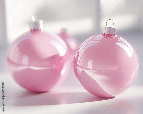 Christmas decoration. Pink and silver colored christmas baubles on pink background.