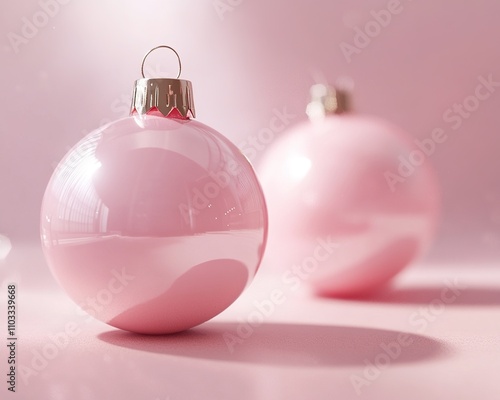Christmas decoration. Pink and silver colored christmas baubles on pink background.