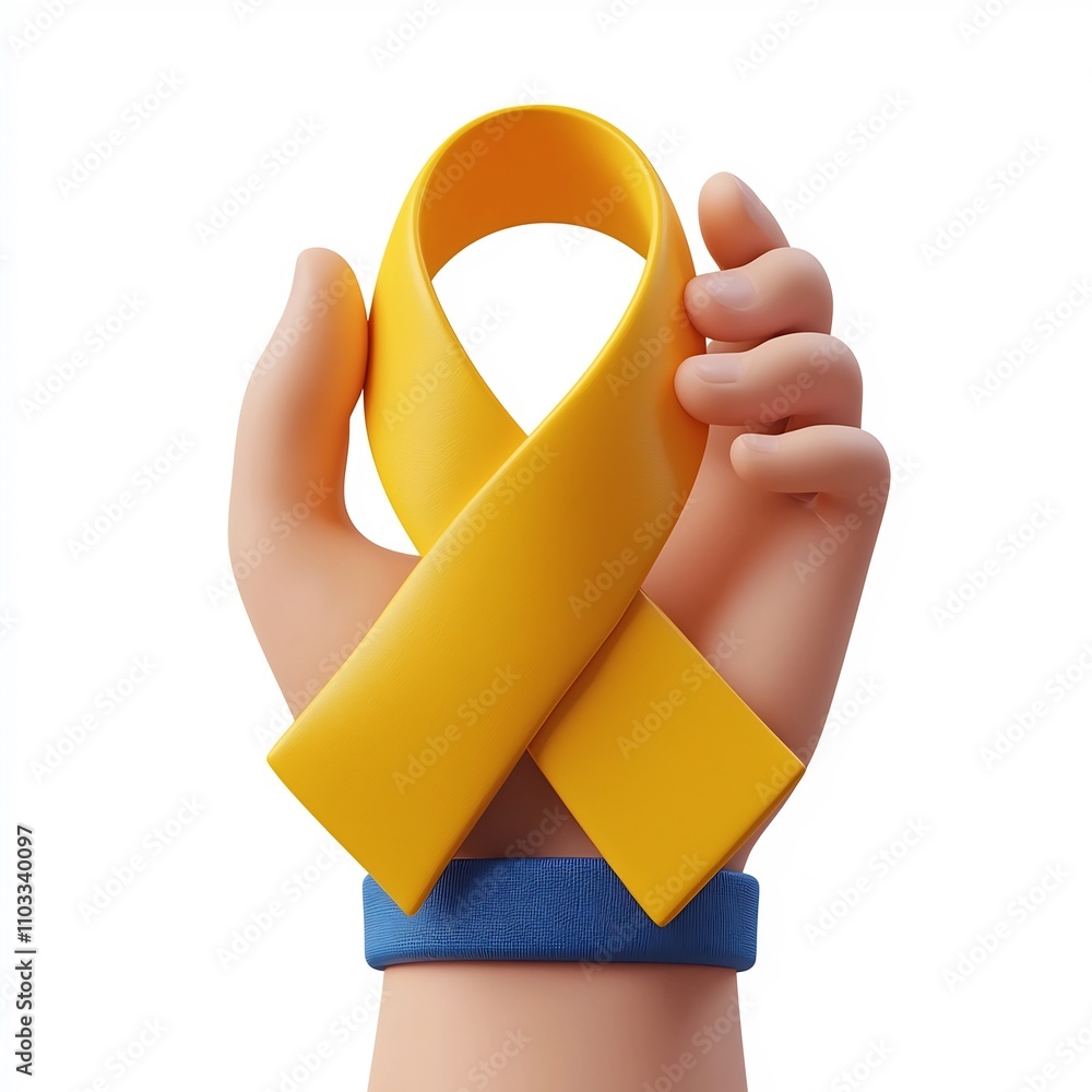 Stylized Cancer Ribon Stylized 3D Yellow Cancer Awareness Ribbon Held by a Hand with Blue ...