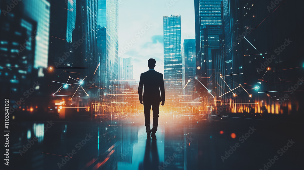 Abstract business man stands on the peak of success amid tall, innovative Smart city and graphs with statistics to analyze business potential and predict future developments in company growth. Abstract business man stands on the peak of success amid tall, innovative Smart city and graphs with statistics to analyze business potential and predict future developments in company growth.